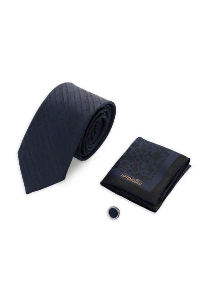 Lacivert Kravat Mendil ve Yaka Rozeti 3'lü Set - 3