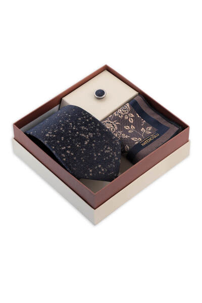 Lacivert Kravat Mendil ve Yaka Rozeti 3'lü Set 