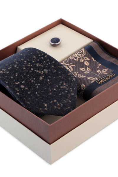 Lacivert Kravat Mendil ve Yaka Rozeti 3'lü Set - 2