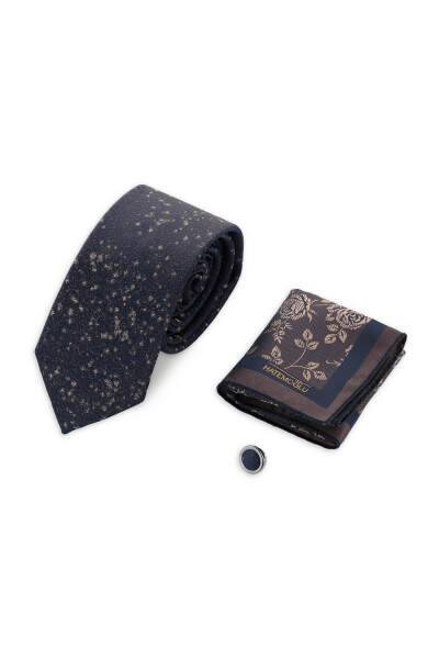 Lacivert Kravat Mendil ve Yaka Rozeti 3'lü Set - 3