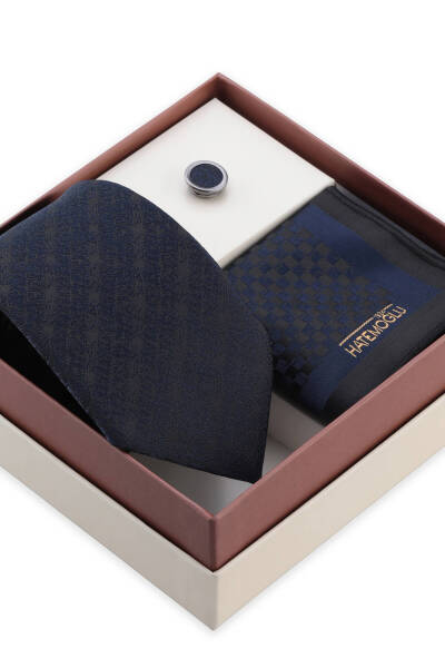 Lacivert Kravat Mendil ve Yaka Rozeti 3'lü Set - 2