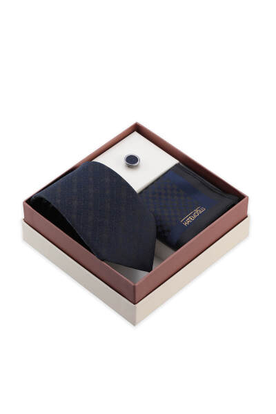 Lacivert Kravat Mendil ve Yaka Rozeti 3'lü Set - 3