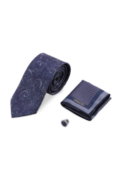 Lacivert Kravat Mendil ve Yaka Rozeti 3'lü Set 