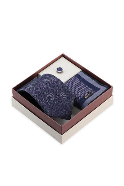 Lacivert Kravat Mendil ve Yaka Rozeti 3'lü Set - 3