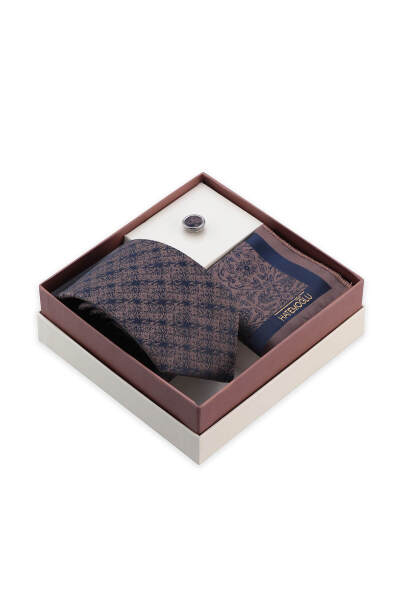 Lacivert Kravat Mendil ve Yaka Rozeti 3'lü Set - 3