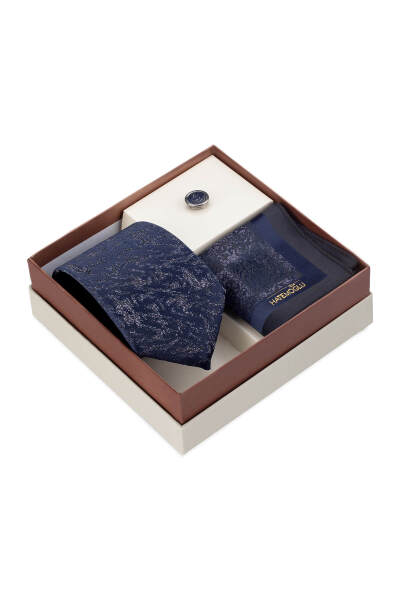 Lacivert Kravat Mendil ve Yaka Rozeti 3'lü Set - 3