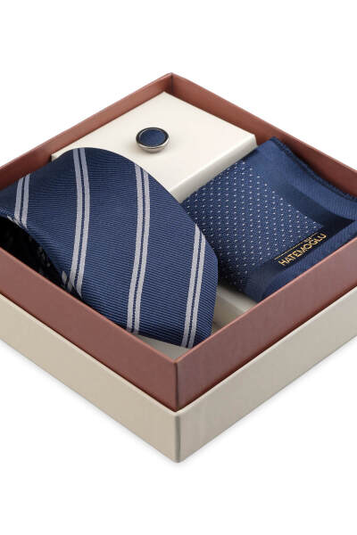 Lacivert Kravat Mendil ve Yaka Rozeti 3'lü Set - 2