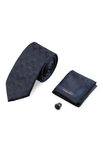 Lacivert Kravat Mendil ve Yaka Rozeti 3'lü Set 