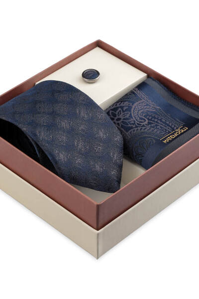 Lacivert Kravat Mendil ve Yaka Rozeti 3'lü Set - 2