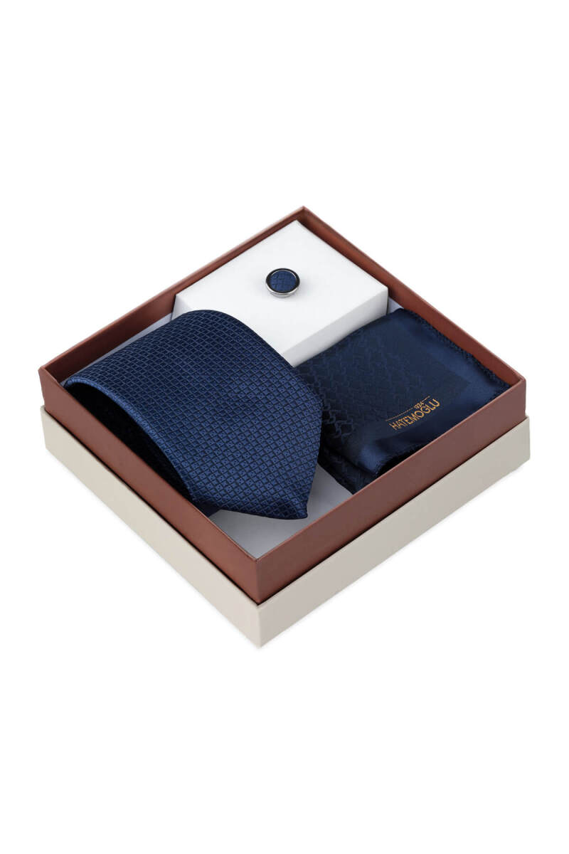 Lacivert Kravat Mendil ve Yaka Rozeti 3'lü Set - Hatemoğlu (1)