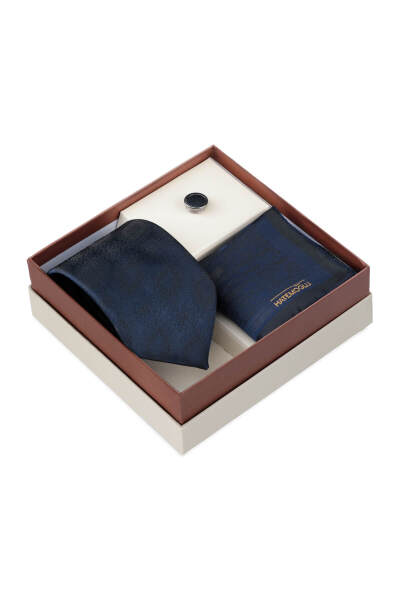 Lacivert Kravat Mendil ve Yaka Rozeti 3'lü Set - 2