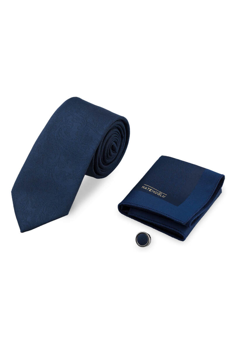 Lacivert Kravat Mendil ve Yaka Rozeti 3'lü Set - Hatemoğlu