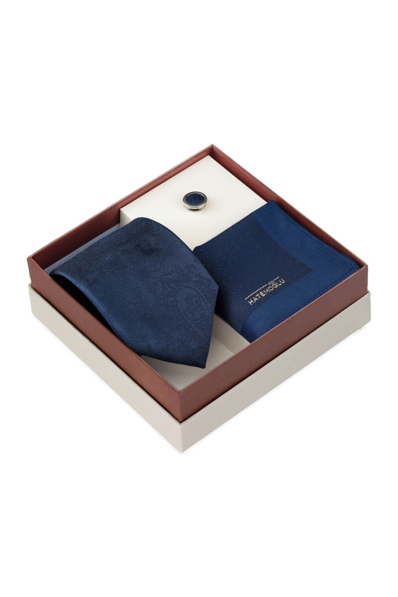 Lacivert Kravat Mendil ve Yaka Rozeti 3'lü Set - Hatemoğlu (1)