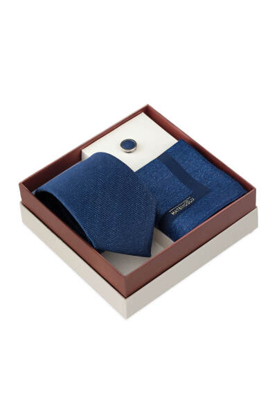 Lacivert Kravat Mendil ve Yaka Rozeti 3'lü Set - 2