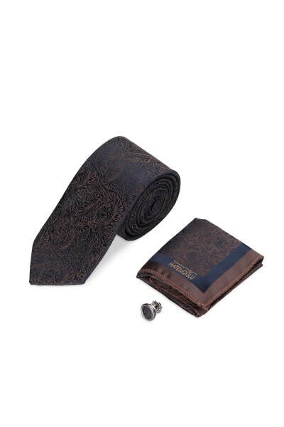 Lacivert Kravat Mendil ve Yaka Rozeti 3'lü Set 