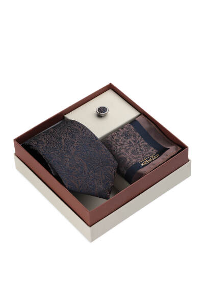 Lacivert Kravat Mendil ve Yaka Rozeti 3'lü Set - 2