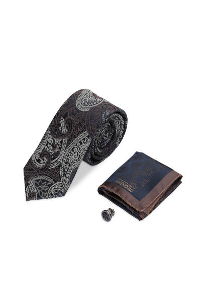 Lacivert Kravat Mendil ve Yaka Rozeti 3'lü Set 