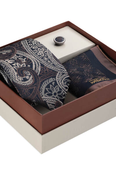 Lacivert Kravat Mendil ve Yaka Rozeti 3'lü Set - 3