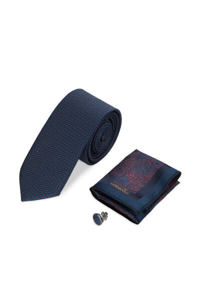Lacivert Kravat Mendil ve Yaka Rozeti 3'lü Set 