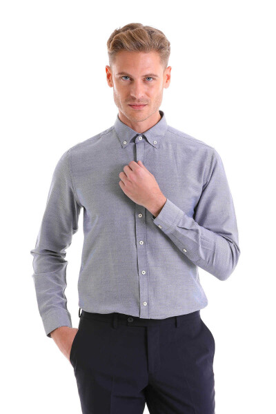 Lacivert Comfort Fit Pamuklu Düğmeli Yaka Uzun Kollu Casual Gömlek - 3