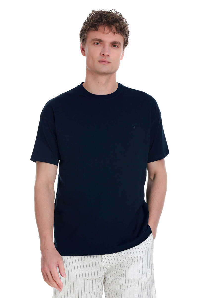 Lacivert Regular Fit 100% Pamuk Bisiklet Yaka Oversize Tişört - HTML