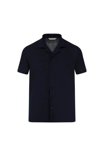 Lacivert Regular Fit Apaş Yaka Keten Gömlek 