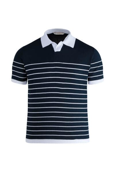 Lacivert Regular Fit Apaş Yaka Pamuklu Tişört - 1