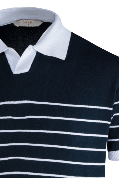 Lacivert Regular Fit Apaş Yaka Pamuklu Tişört - 3