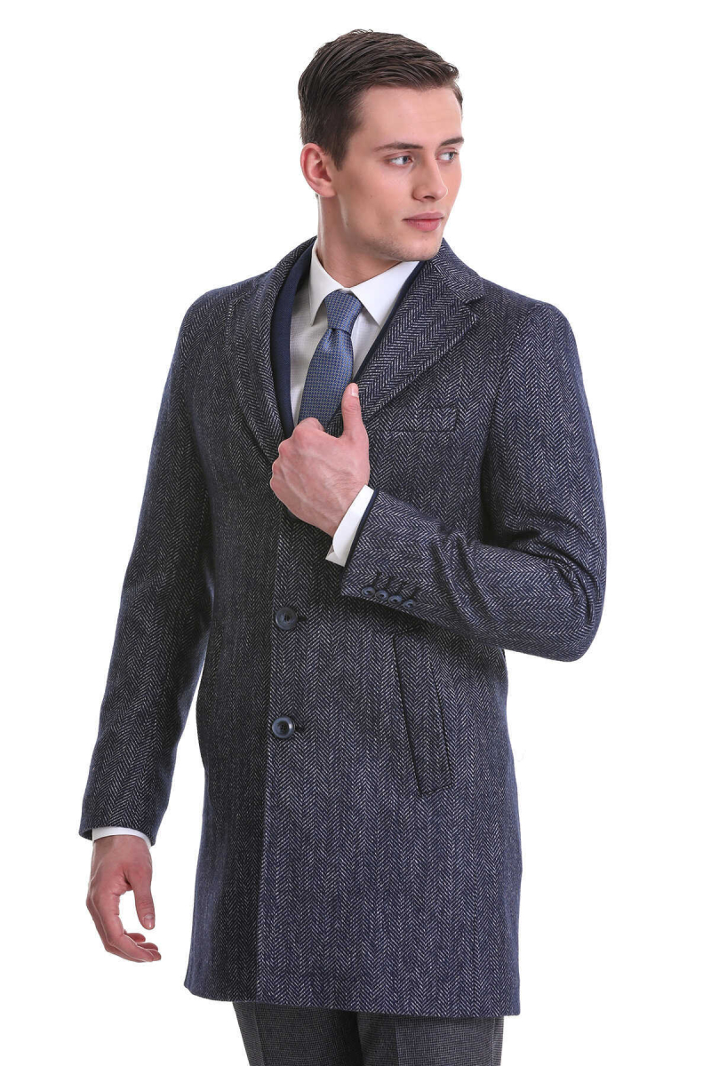 Lacivert Regular Fit Balıksırtı Ceket Yaka Yünlü Kaşe Palto - Hatem Saykı (1)