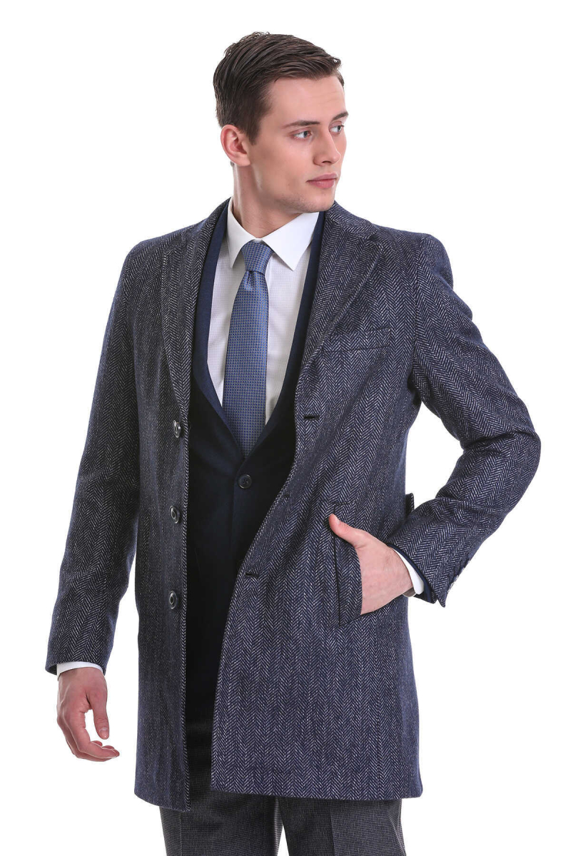 Lacivert Regular Fit Balıksırtı Ceket Yaka Yünlü Kaşe Palto - Hatem Saykı (1)