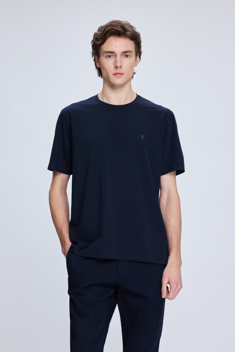 Lacivert Regular Fit Bisiklet Yaka Pamuklu Tişört - HTML