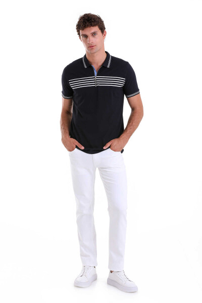 Lacivert Regular Fit Çizgili 100% Pamuk Polo Yaka Tişört - 2