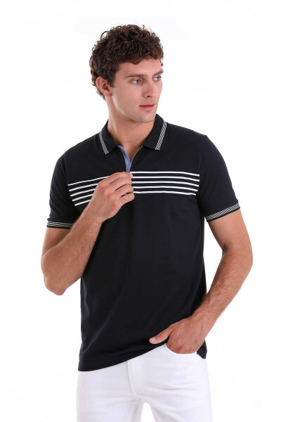 Lacivert Regular Fit Çizgili 100% Pamuk Polo Yaka Tişört - 3