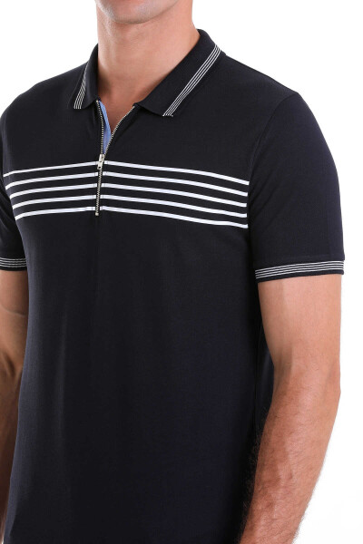 Lacivert Regular Fit Çizgili 100% Pamuk Polo Yaka Tişört - 4