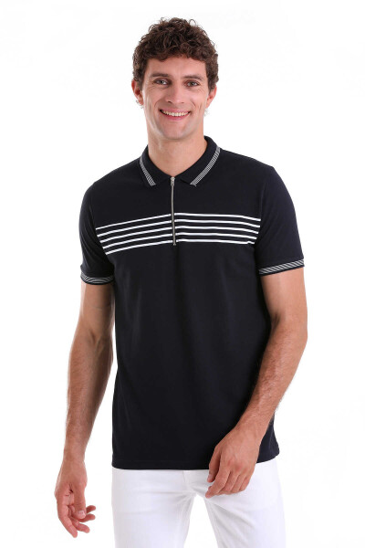 Lacivert Regular Fit Çizgili 100% Pamuk Polo Yaka Tişört - 5