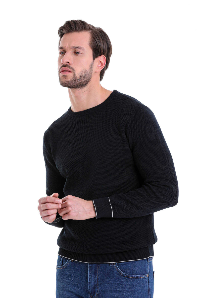 Lacivert Comfort Fit Pamuklu Bisiklet Yaka Triko Kazak - Hatem Saykı (1)