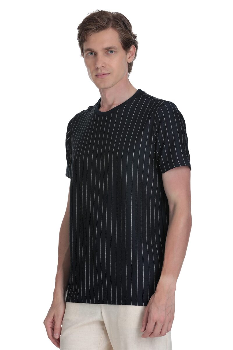 Lacivert Regular Fit Çizgili Bisiklet Yaka Tişört - Saykı