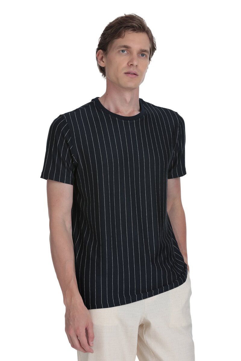 Lacivert Regular Fit Çizgili Bisiklet Yaka Tişört - Saykı (1)