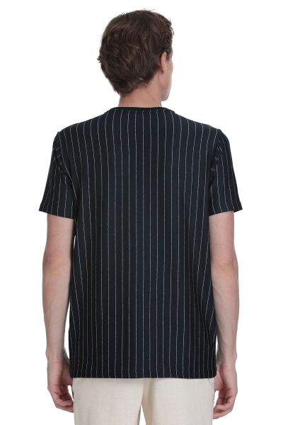 Lacivert Regular Fit Çizgili Bisiklet Yaka Tişört - 5