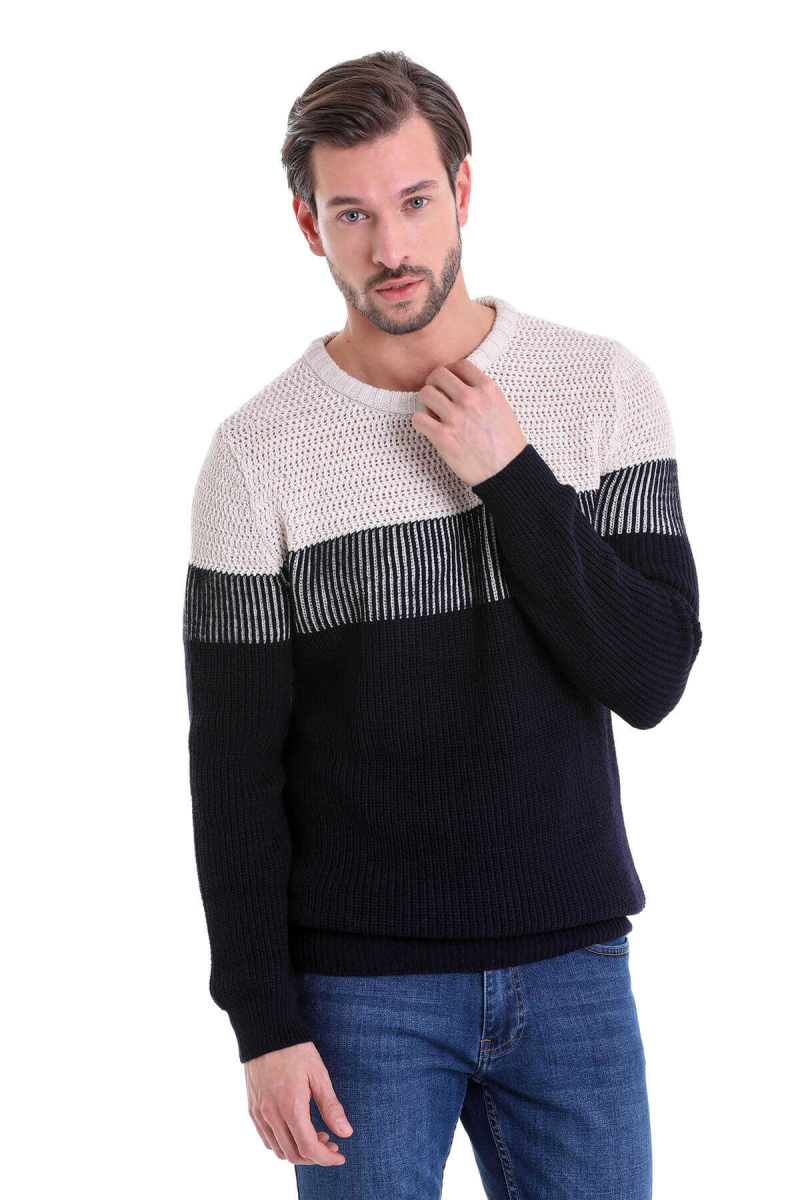 Lacivert Comfort Fit Desenli Bisiklet Yaka Triko Kazak - HTML (1)