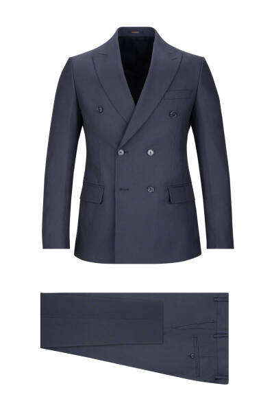 Lacivert Regular Fit Çizgili Kruvaze Klasik Takım Elbise - 1