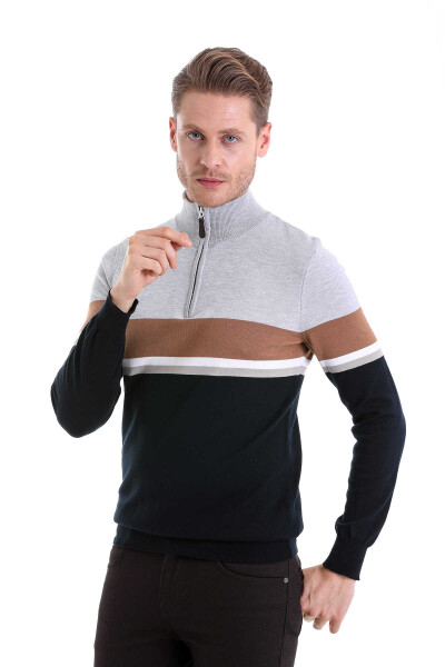 Lacivert Comfort Fit Desenli Pamuklu Yarım Balıkçı Yaka Triko Kazak 