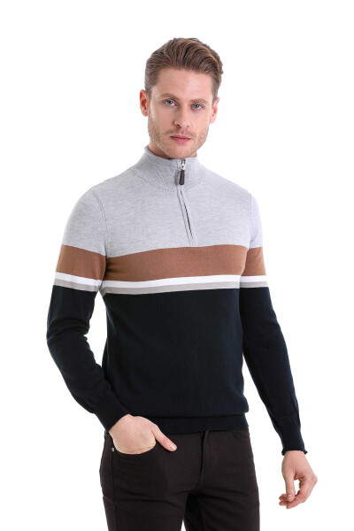 Lacivert Comfort Fit Desenli Pamuklu Yarım Balıkçı Yaka Triko Kazak - 2