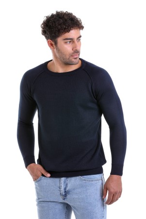 Lacivert Regular Fit Bisiklet Yaka Yünlü Triko Kazak - 2