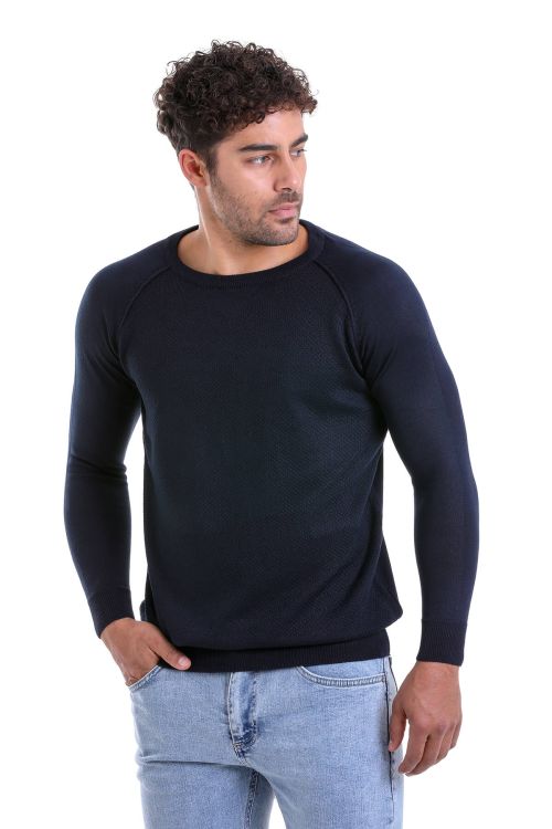 Lacivert Regular Fit Bisiklet Yaka Yünlü Triko Kazak - Hatemoğlu (1)