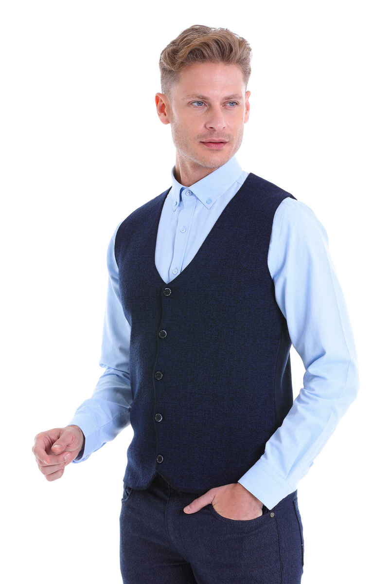 Lacivert Comfort Fit V Yaka Yünlü Klasik Triko Yelek - Hatemoğlu (1)