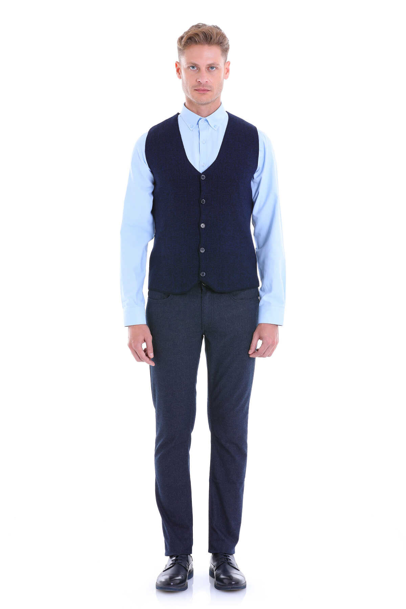 Lacivert Comfort Fit V Yaka Yünlü Klasik Triko Yelek - Hatemoğlu (1)