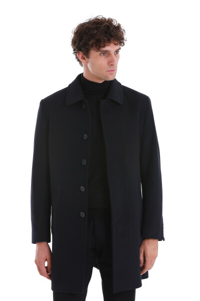 Lacivert Regular Fit Düz Bebe Yaka Kaşe Yünlü Palto - Hatem Saykı