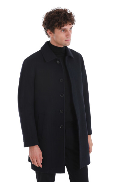 Lacivert Regular Fit Düz Bebe Yaka Kaşe Yünlü Palto - 3