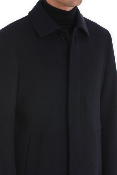Lacivert Regular Fit Düz Bebe Yaka Kaşe Yünlü Palto - 5